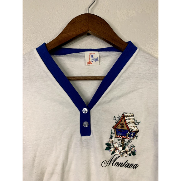 90s Vintage Le Riche M Montana Birdhouse Graphic Quarter Sleeve Shirt - Picture 4 of 9